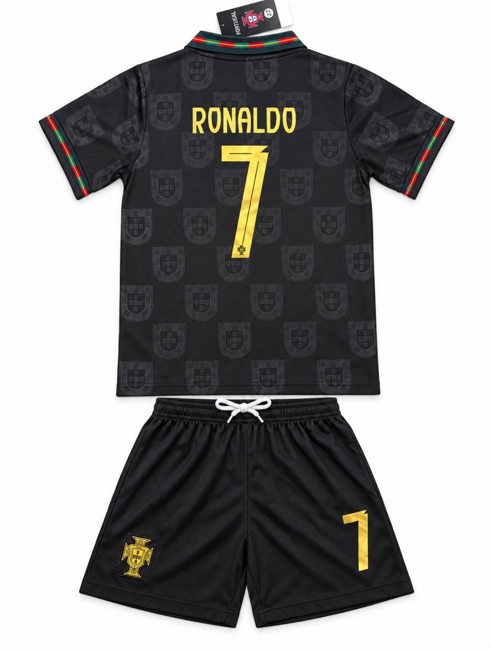 Kids Portugal Ronaldo #7 Soccer Jersey Shorts Set Youth Black Gold Unisex
